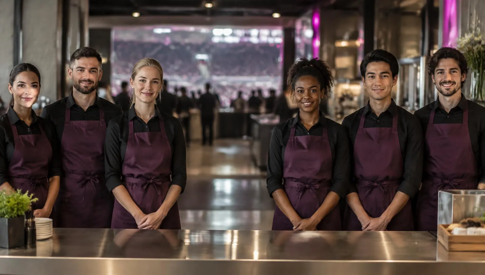 Servicekräfte hinter einem Catering-Counter in einer Arena, eine Position in der Reihe ist unbesetzt