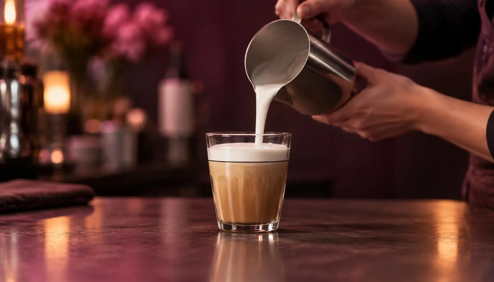 Barista gießt Milchschaum in ein Glas, genau bis zur Markierungslinie